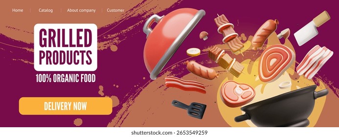 banner 3d da página web do site com pedaços de carne, bacon, shashlik, salsichas grelhadas. Vendas on-line e entrega de iguarias de carne. Festival do churrasco. Produto biológico. Ilustração vetorial.