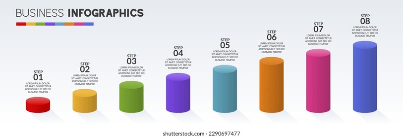 3d bar chart 8 options or 8 steps Infographics design template and icons. use as workflow process diagram, business data  presentation, timeline layout, milestone, banner, brochure, flow chart