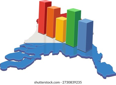 3D-Balkendiagramm, das das Wirtschaftswachstum, die Finanzstatistik oder die Datenanalyse auf einer Karte der Niederlande mit Flagge darstellt (ausgeschnitten)