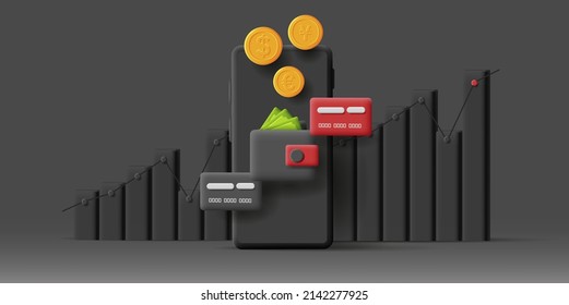 3d gráfico de barras con smartphone y cartera con tarjetas de crédito y billetes y monedas, negro mono cromado