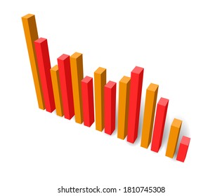 3d bar chart vector illustration with downward trend with red and yellow shading
