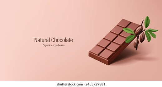 3D bar of chocolate and a branch with cocoa beans. Realistic image of sweets for design concepts. Natural products, cocoa, and organics. Vector