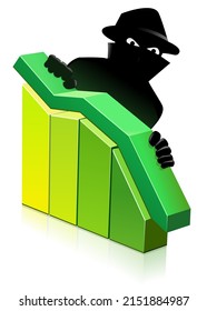 3D bar graph with a downward curve behind which a dark masked criminal with a hat is hiding (isolated)