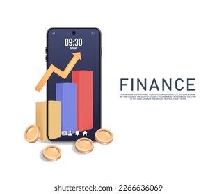 3D Bar graph of steps from low to high showing progress results and there is a dollar coin on top and all over the place on a dollar bill with a smartphone.