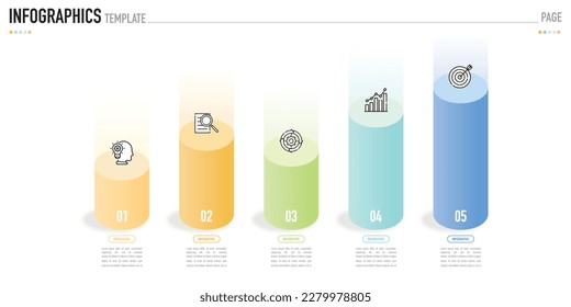 3D bar infographic template or element with 5 step, process, option, colorful circle, circular column, funnel, graph, light, label, icons for sale slide, minimal modern simple style, origami isometric