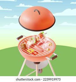 3d Barbeque Party Invitation Placard Empty Mockup Template with Round Bbq Grill Plasticine Cartoon Style . Vector illustration