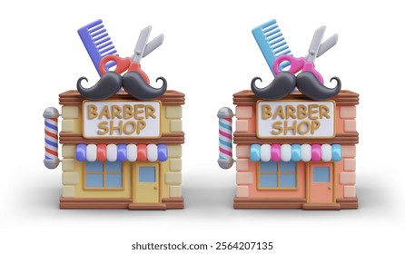 3D barbershop in different colors. Set of vector creative building models, front view