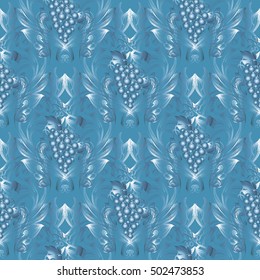  3d baroque damask floral  vector seamless pattern background wallpaper illustration with blue vintage  decorative volumetric grapes, flowers, leaves and damask ornaments.Damask seamless pattern