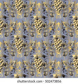  3d baroque damask floral  vector seamless pattern background wallpaper illustration with gold vintage  decorative volumetric grapes, flowers, leaves and damask ornaments.Damask seamless pattern