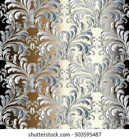 3d baroque damask floral vector seamless pattern wallpaper illustration with decorative vintage antique white flowers, leaves and ornaments.