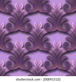 3d Baroque seamless pattern. Textured grunge background. Luxury repeat vector backdrop. Baroque style ornaments in violet purple colors. Vintage surface beautiful design with flowers, leaves, shadows.