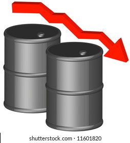 3d - barrel or fifty gallon drum with dropping arrow - oil concept - vector