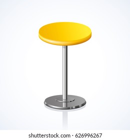 3d barstool disk shape vivid golden color stand on one foot on white backdrop. Close-up side view with space for text
