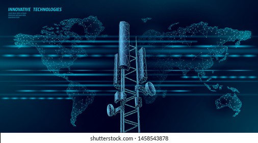 3d base station receiver. telecommunication tower 4g polygonal design global connection information transmitter. Mobile radio antenna cellular vector illustration