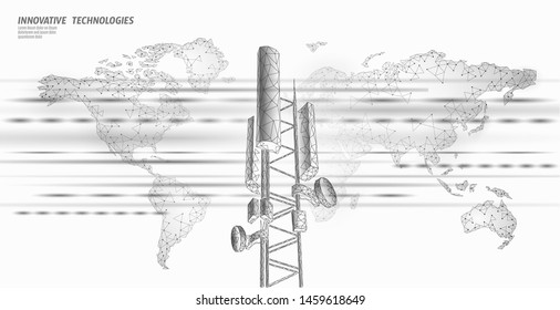 3d base station receiver. telecommunication tower 4g polygonal design global connection information transmitter. Mobile radio antenna cellular vector illustration