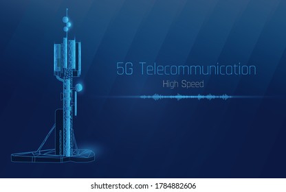 3d base station receiver. telecommunication tower 5g polygonal design global connection information transmitter. Mobile radio antenna cellular vector illustration, plexus,high speed,sound wave