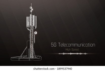 3d base station receiver. telecommunication tower 5g polygonal design global connection information transmitter. Mobile radio antenna cellular vector illustration, plexus,high speed,sound wave.dots