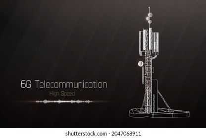 3d base station receiver. telecommunication tower 6g polygonal design global connection information transmitter. Mobile radio antenna cellular vector illustration, plexus, high speed, sound wave

