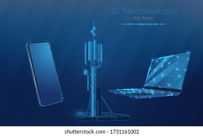 3d base station receiver.telecommunication tower 5g and smartphone and laptop global connection information transmitter. Mobile radio antenna cellular vector illustration, plexus,high speed,sound wave