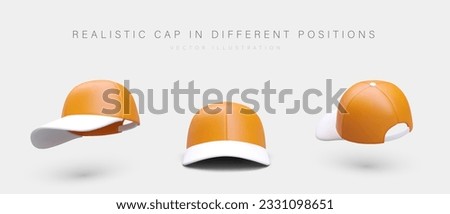 3D baseball cap in different positions. Front, side, back view. Modern cap with white visor. Set of colored vector illustrations with shadows. Cool youth style. Concept for hat shop
