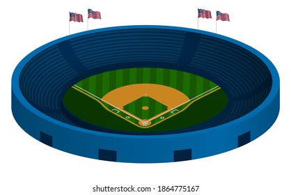 Estadio de béisbol con campo de béisbol verde y líneas de marcado. Deportes de equipo. Estilo de vida activo. Deporte nacional estadounidense. Vector