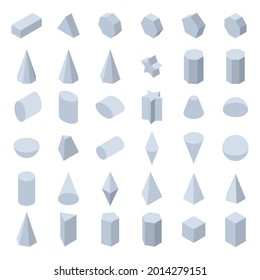 3d basic geometric shapes set. Isometric shapes for school, mathematics. Isolated vector illustration on white background.