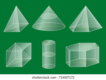 3d basic shapes. Prism, cube, pyramid, cone, cylinder. Cross-section.