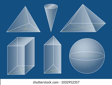 3d basic shapes. Prism, pyramid, cone, sphere.