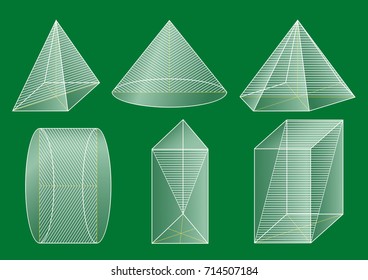 3d basic shapes. Prism, pyramid, cone, cylinder. 	
Cross-section.
