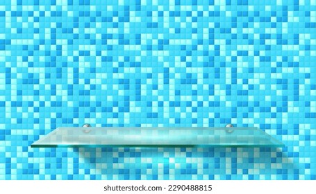 3D bathroom or kitchen room azure tiled wall, realistic transparent glass podium, tempered glass product shelf. Vector blue mosaic ceramic tile wall background mockup. Realistic stage showcase scene