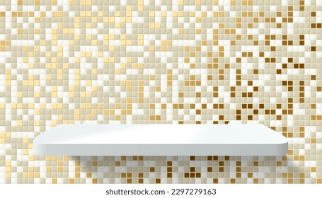 3D Badezimmer oder Küchenraum goldgeflieste Wand, realistisches weißes Podium oder Acrylprodukt-Regal. Vektorgrau-goldener Mosaikfliesen, Wandhintergrund mit Moschee. Realistische Bühnenschauspielszene