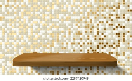 3D bathroom or kitchen room golden tiled wall, realistic light wood podium or product shelf. Vector grey gold mosaic ceramic tiles wall background mockup. Realistic stage showcase scene