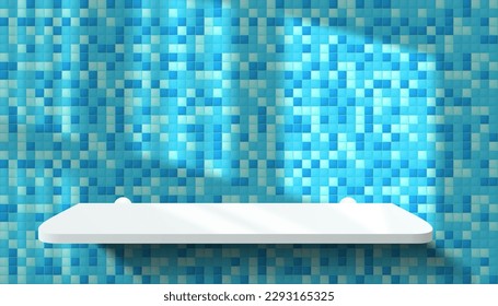 3D bathroom or kitchen room tiled wall, realistic white podium or acrylic product shelf. Vector blue mosaic ceramic tiles wall background mockup. Minimal stage showcase scene. Realistic window shadow
