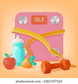 3d Bathroom Weight Scale with Fitness Bottle Cartoon Style. Vector illustration of Healthy Lifestyle and Diet Concept