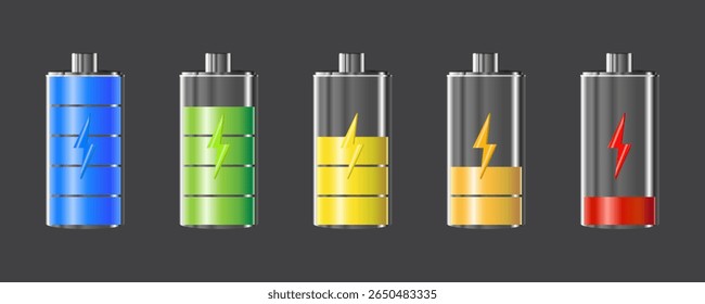 3D battery charge design on gray background. Full charge energy for mobile phone. Accumulator indicator vector icon of power level.
