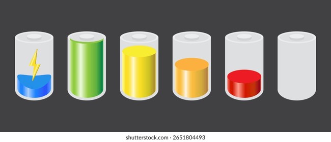 3D-Batterieladedesign auf grauem Hintergrund. Volle Ladungsenergie für Mobiltelefone. Vektorsymbol der Akkumulatoranzeige für den Energieniveau.