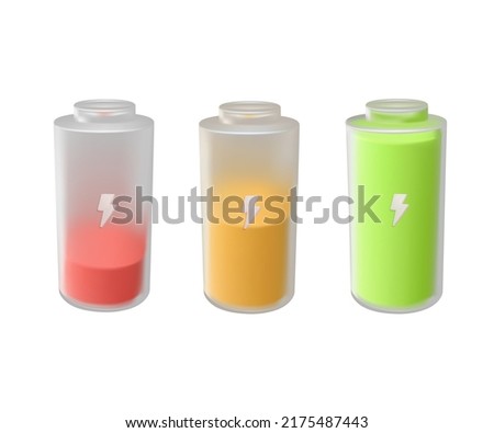 3D Battery charge indicator icons, vector graphics. Universal charging base. Progress of charging battery. Different levels of charge. Wireless charging energy sign. Level battery energy. on white.