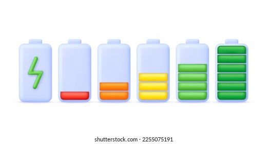 3D Battery charge indicator. Battery charge from low to high. Discharged and charged battery. Trendy and modern vector in 3d style.