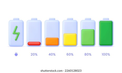 Anzeige für die 3D-Akkuladung. Batterieladung von niedrig bis hoch. Entladener und aufgeladener Akku. Trendy und moderne Vektorgrafik im 3D-Stil.