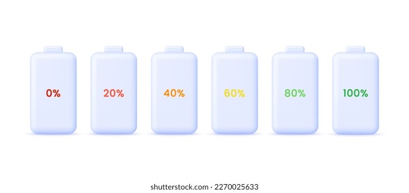 3D Battery charge indicator. Battery charge from low to high. Discharged and charged battery. Trendy and modern vector in 3d style.