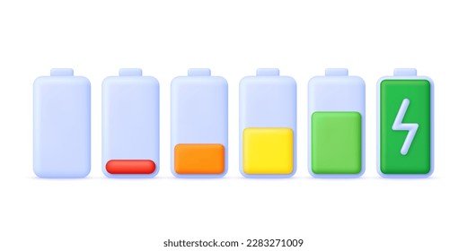 Indicador de carga de la batería 3D. Carga de la batería de baja a alta. Batería descargada y cargada. Vector moderno y de moda en estilo 3d.