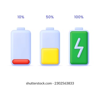 Anzeige für die 3D-Akkuladung. Batterieladung von niedrig bis hoch. Entladener und aufgeladener Akku. Trendy und moderne Vektorgrafik im 3D-Stil.
