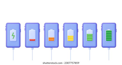 3D Battery charge indicator on phone. Battery charge from low to high. Discharged and charged battery. Trendy and modern vector in 3d style.