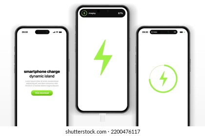 3d battery charging process template with realistic smartphones and dynamic island. Phone charge showing on smartphone screen. Plugged and charging phone. Vector illustration EPS10.