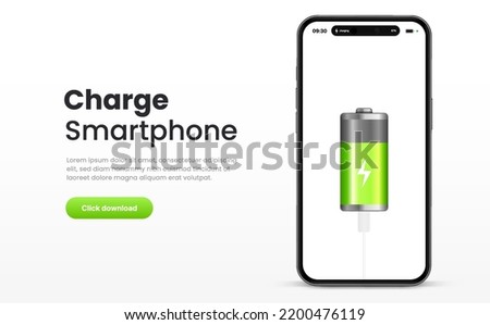 3d battery charging process template with realistic smartphones and dynamic island. Phone charge showing on smartphone screen. Plugged and charging phone. Vector illustration EPS10.