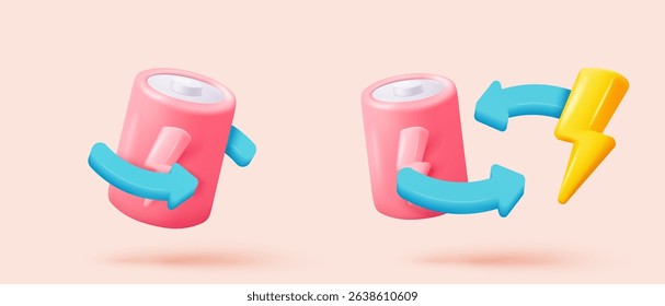 3d battery deteriorate is time to change new battery. Level energy power, sign charge indicator lightning for power fuel icon concept. 3d solar cell security icon vector render illustration