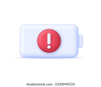 3D Battery and exclamation mark. Low battery warning.