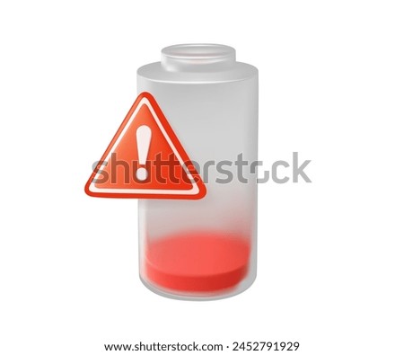 3D battery icon. Charging battery, mobile phone battery with warning error sign. Low charge warning. 3d vector icon. Cartoon minimal style. Empty battery life status