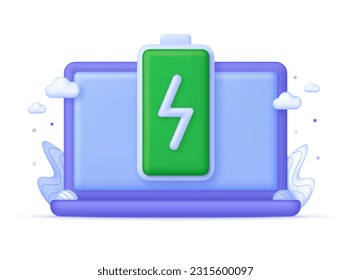 3D Battery icon on Computer. The battery is charging. Battery charge from low to high. Discharged and charged battery. Trendy and modern vector in 3d style.