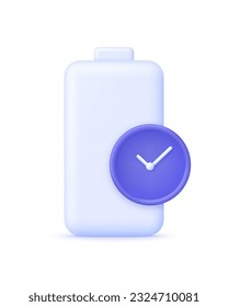 3D Battery time icon. Long battery life. Battery runtime, extend runtime technology, long battery life concept. Trendy and modern vector in 3d style.